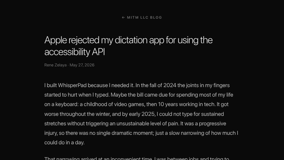 Screenshot of mitmllc.com: Apple rejected my dictation app for using the accessibility API