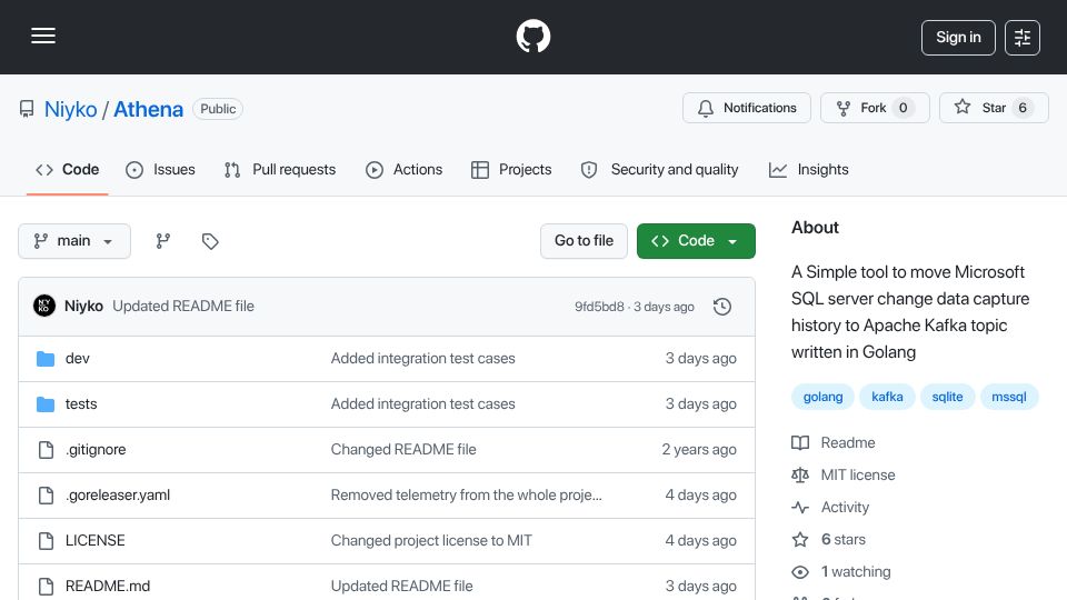 Screenshot of github.com: Made a Tool to Streams Changes from Microsoft SQL Server to Apache Kafka