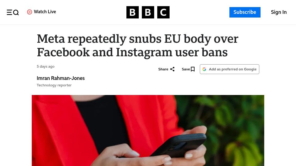 Screenshot of bbc.com: Meta repeatedly snubs EU body over Facebook and Instagram user bans