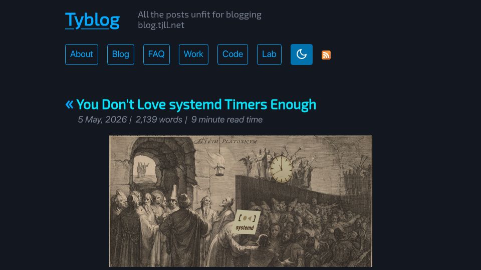 Screenshot of blog.tjll.net: Love systemd timers