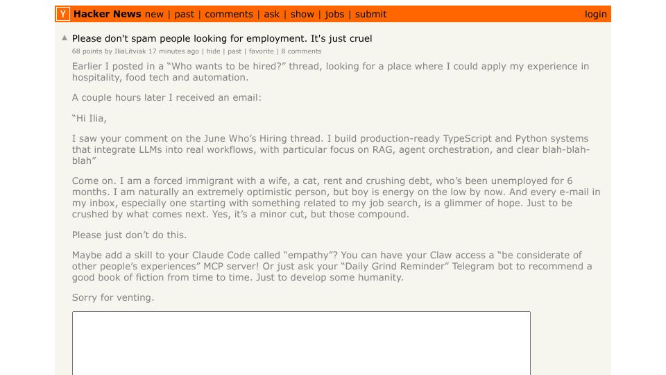 Screenshot of Hacker News post: Please don't spam people looking for employment. It's just cruel
