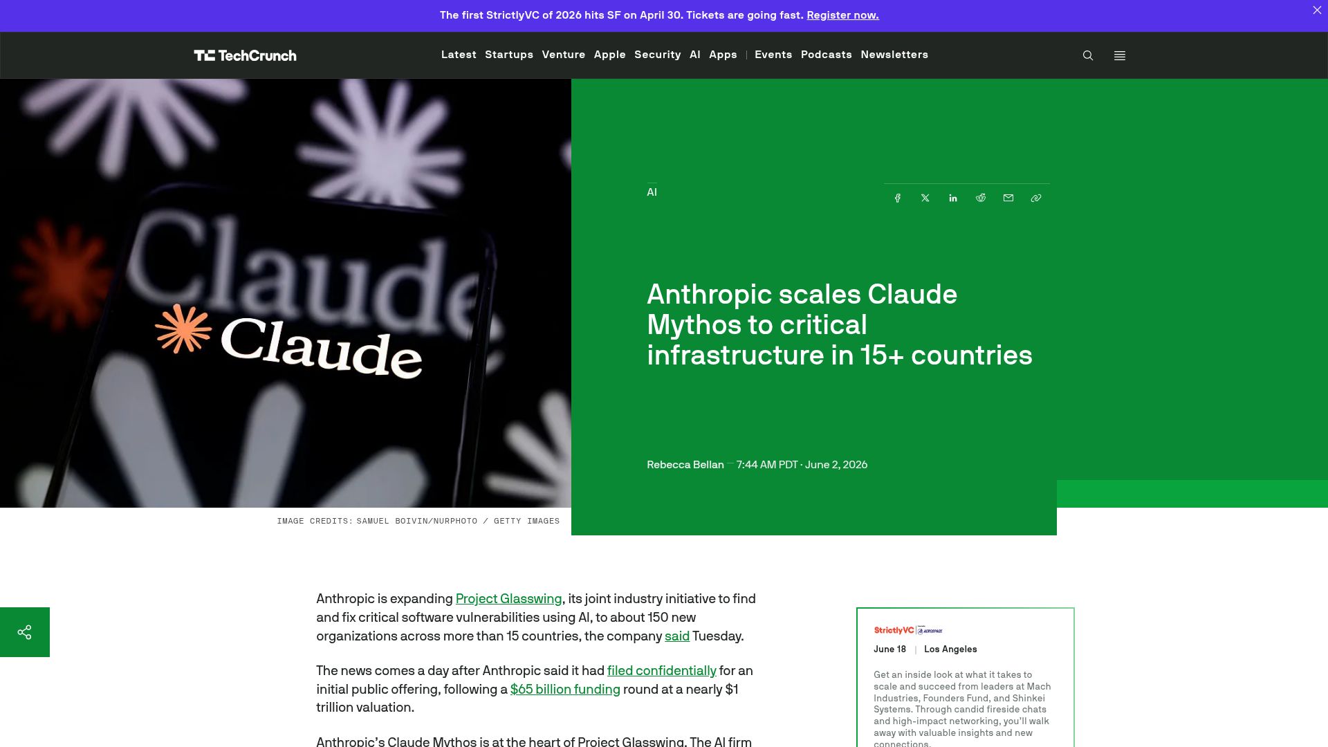 Screenshot of techcrunch.com: Anthropic scales Claude Mythos to critical infrastructure in 15 countries