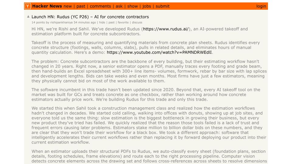 Screenshot of Hacker News post: Launch HN: Rudus (YC P26) – AI for concrete contractors