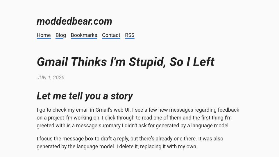 Screenshot of moddedbear.com: Gmail thinks I'm stupid, so I left