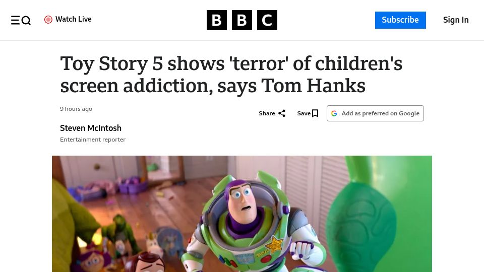 Screenshot of bbc.com: Toy Story 5 shows 'terror' of children's screen addiction, says Tom Hanks