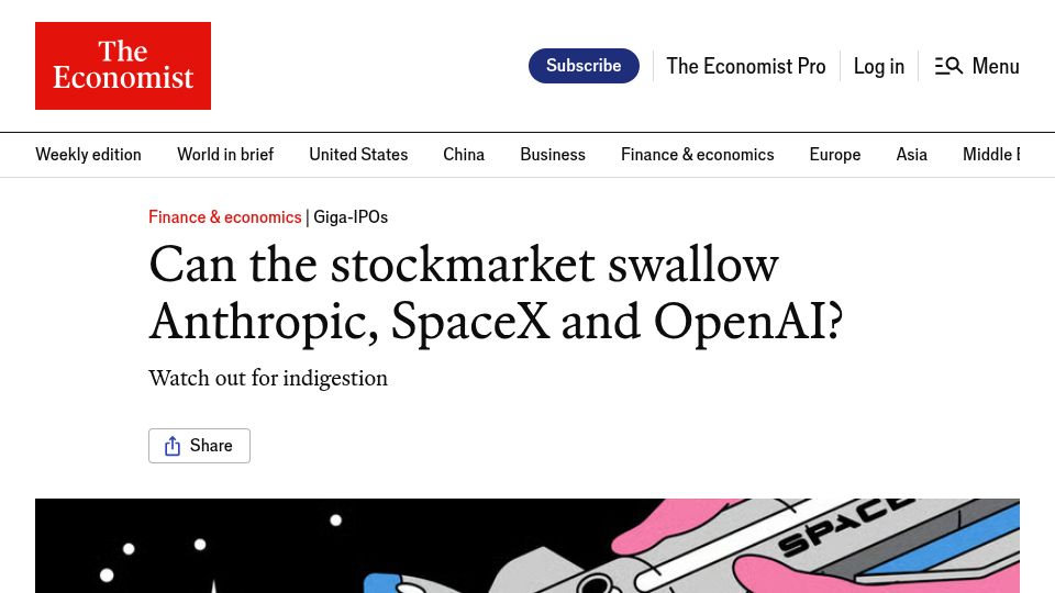 Screenshot of economist.com: Can the stockmarket swallow Anthropic, SpaceX and OpenAI?