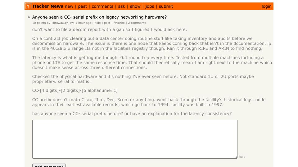 Screenshot of Hacker News post: Anyone seen a CC- serial prefix on legacy networking hardware?