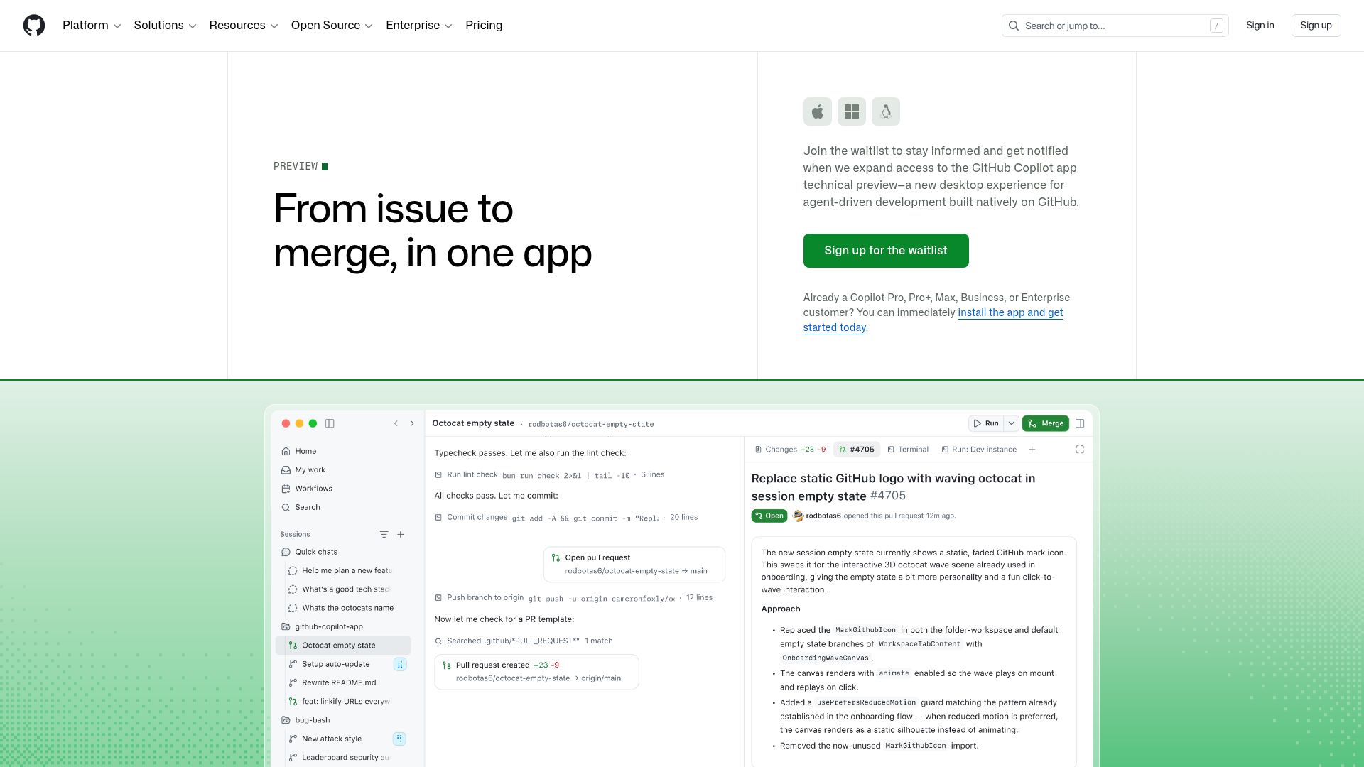 Screenshot of github.com: GitHub Copilot App
