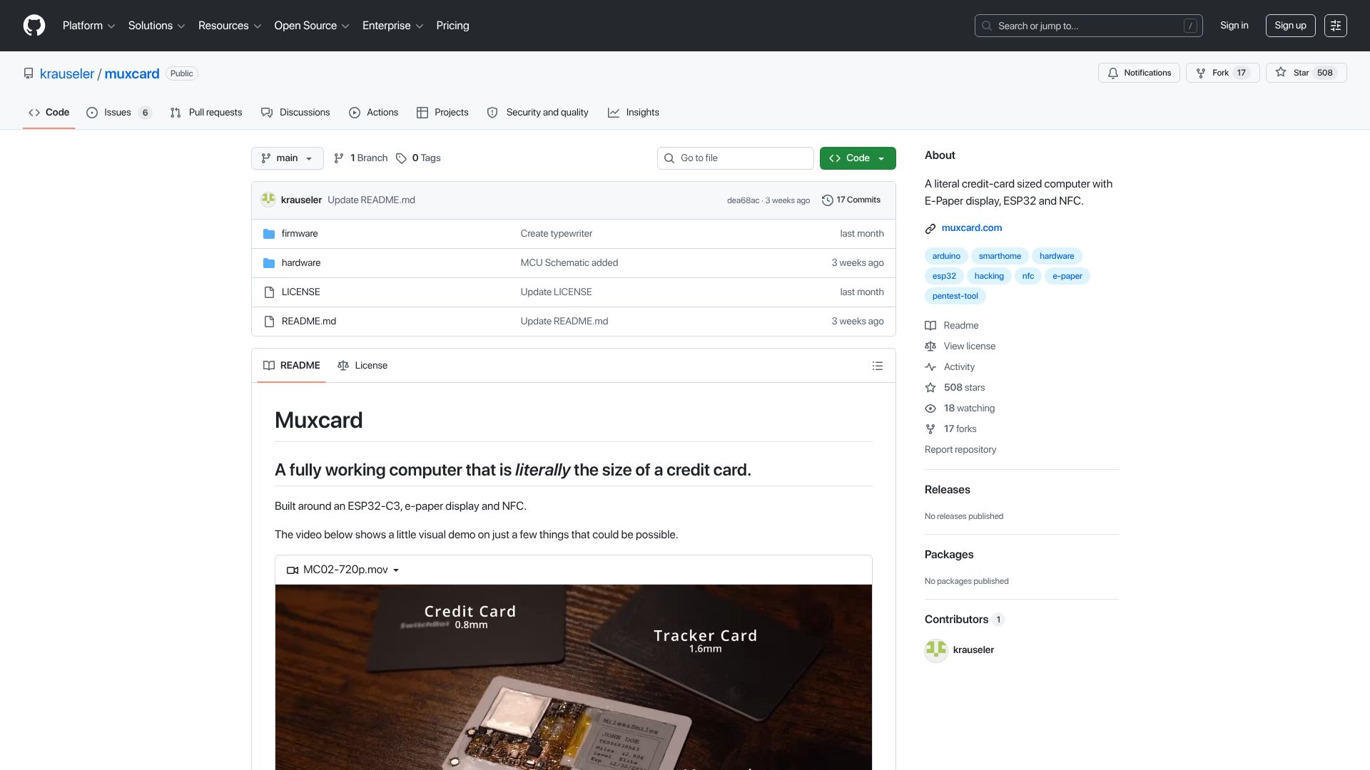 Screenshot of github.com: Muxcard, a DIY credit card size computer