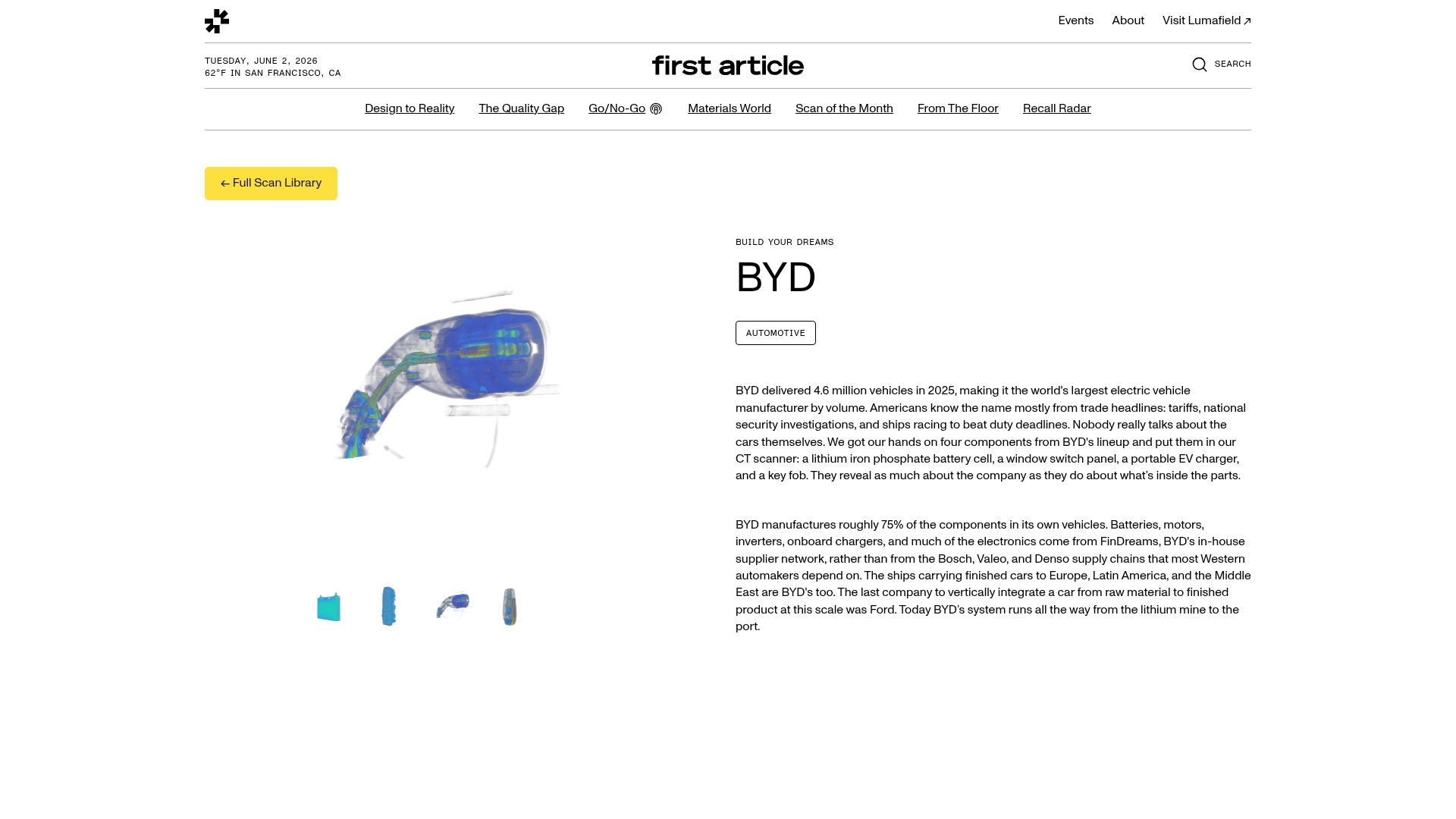 Screenshot of lumafield.com: CT scans of BYD car parts