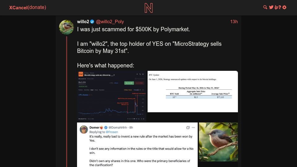 Screenshot of xcancel.com: "I was just scammed for $500K by Polymarket."