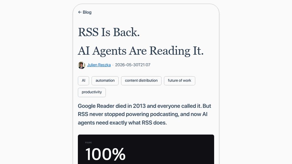 Screenshot of julienreszka.com: Now AI agents need what RSS does
