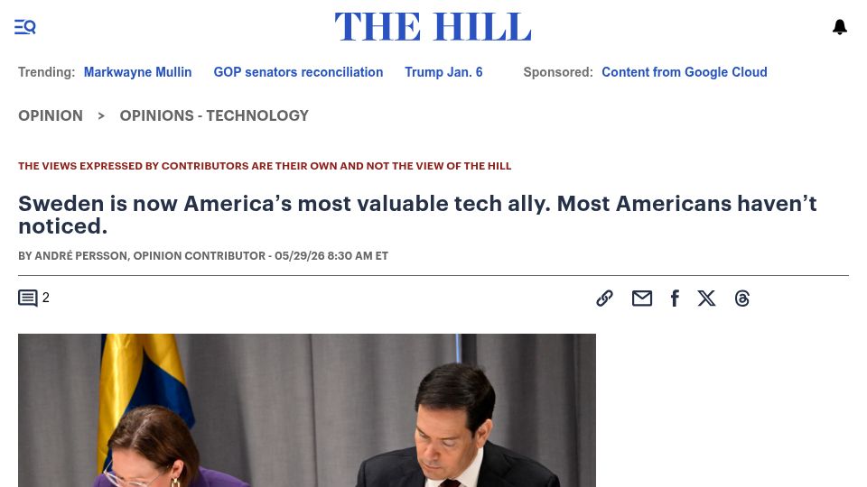 Screenshot of thehill.com: Sweden is now America's most valuable tech ally. Most Americans haven't noticed