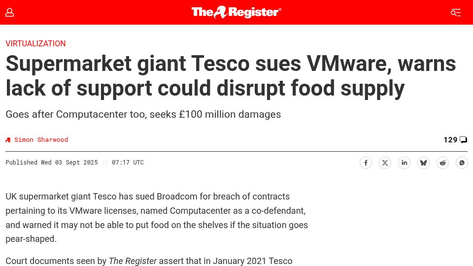 Screenshot of theregister.com: Supermarket giant Tesco sues VMware for breach of contract (2025)