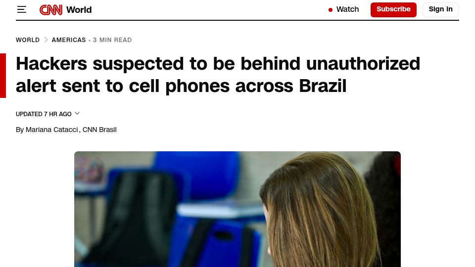 Screenshot of cnn.com: Unauthorized alert sent to cell phones across Brazil