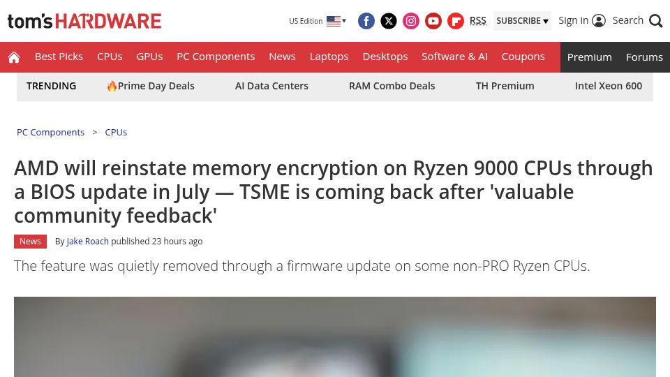 Screenshot of tomshardware.com: AMD will reinstate memory encryption on Ryzen 9000 CPUs via BIOS update in July