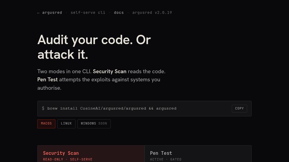 Screenshot of argusred.com: Show HN: We post-trained a model that pen tests instead of refusing