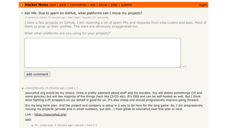 Screenshot of Hacker News post: Ask HN: Due to spam on GitHub, what platforms can I move my projects?