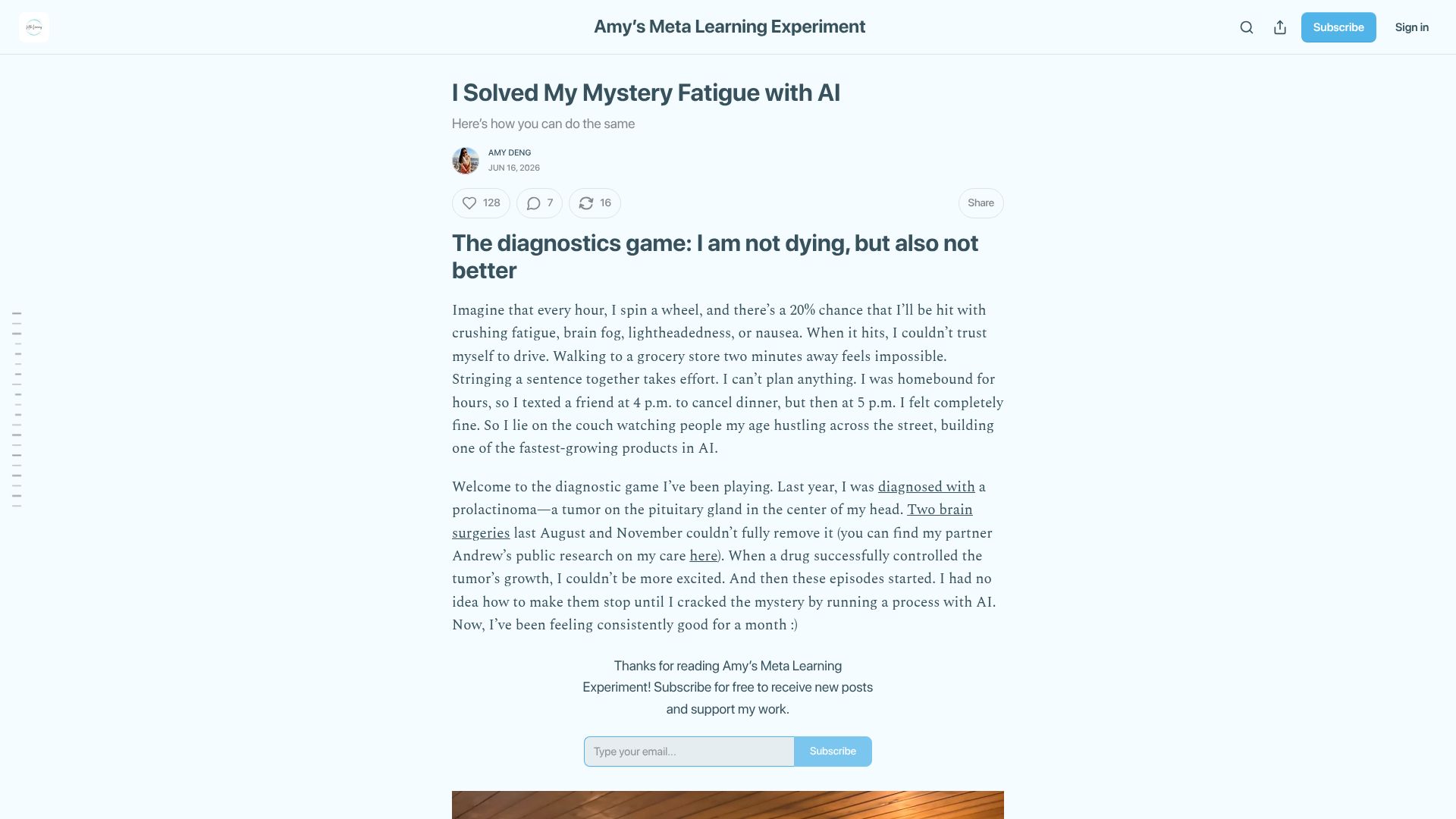 Screenshot of metalearn.substack.com: I solved my mystery fatigue with AI