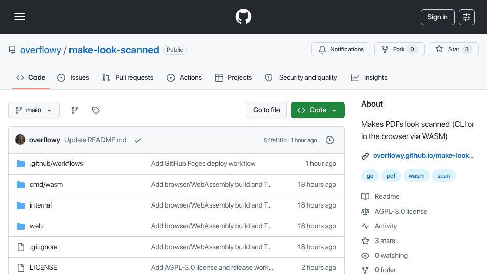 Screenshot of github.com: Show HN: Make PDFs look scanned (CLI or in the browser via WASM)