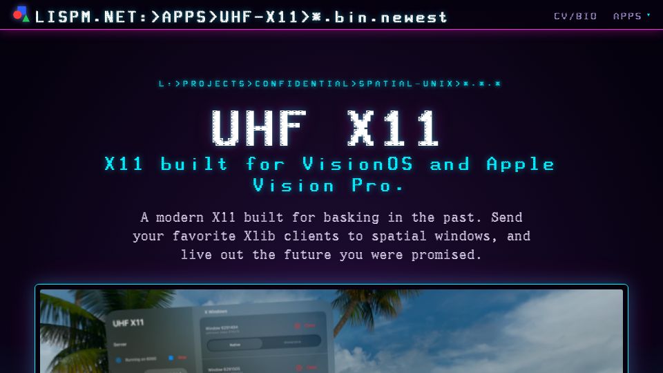 Screenshot of lispm.net: UHF X11: X11 Built for VisionOS and Apple Vision Pro