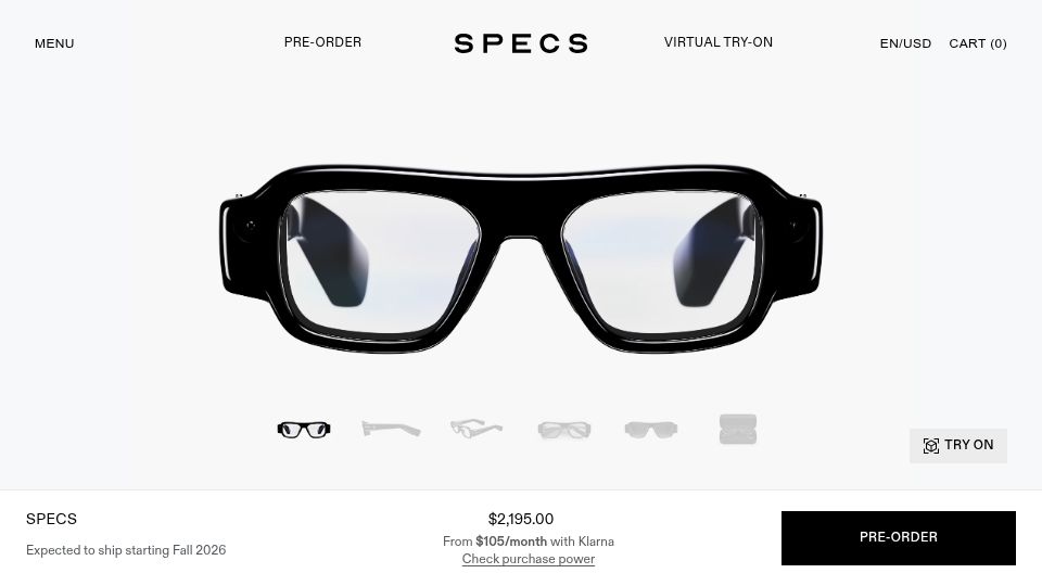 Screenshot of specs.com: Snap Smart Glasses