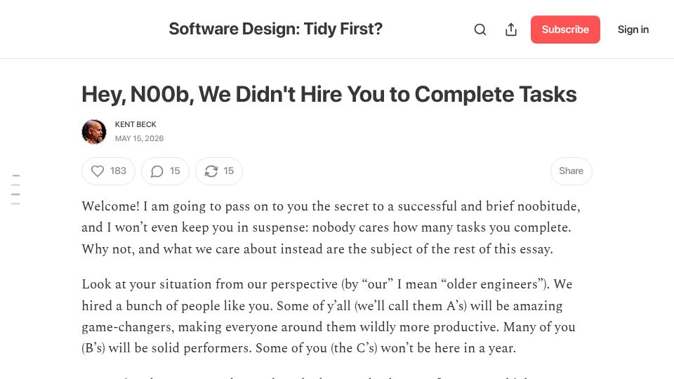 Screenshot of newsletter.kentbeck.com: Hey, n00b, we didn't hire you to complete tasks