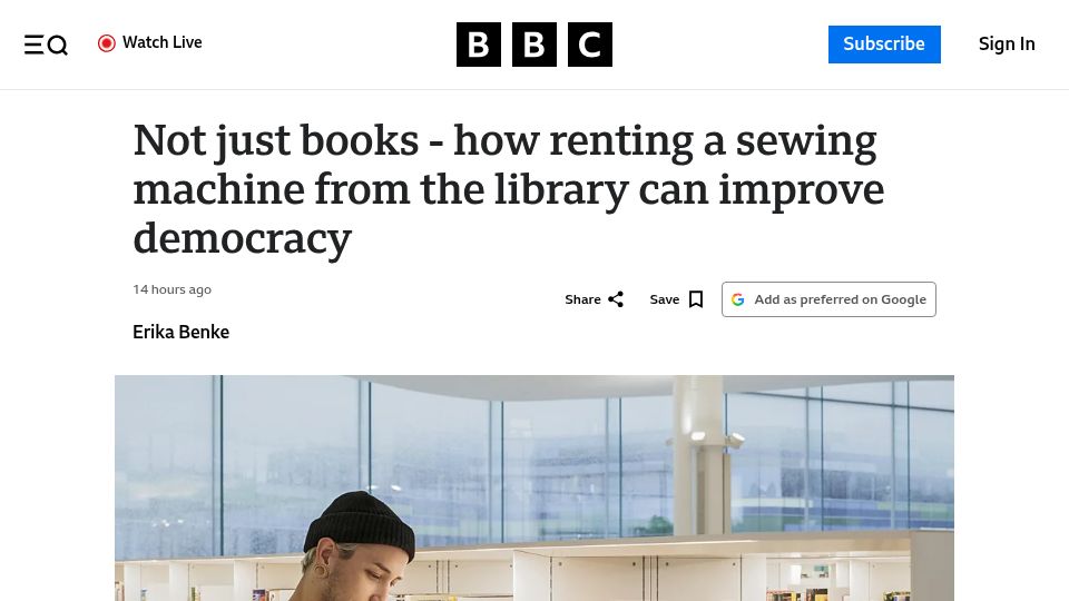 Screenshot of bbc.com: Renting a sewing machine from the library