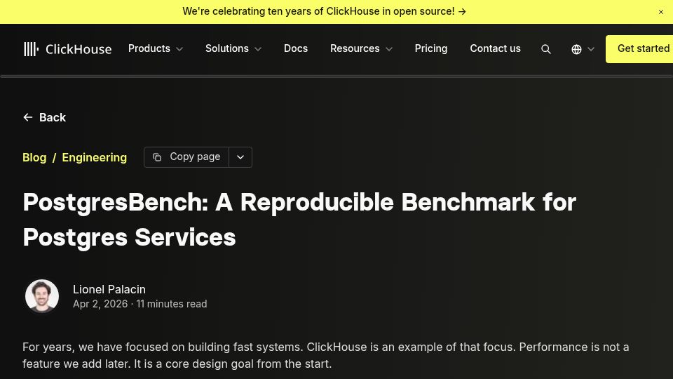 Screenshot of clickhouse.com: PostgresBench: A Reproducible Benchmark for Postgres Services