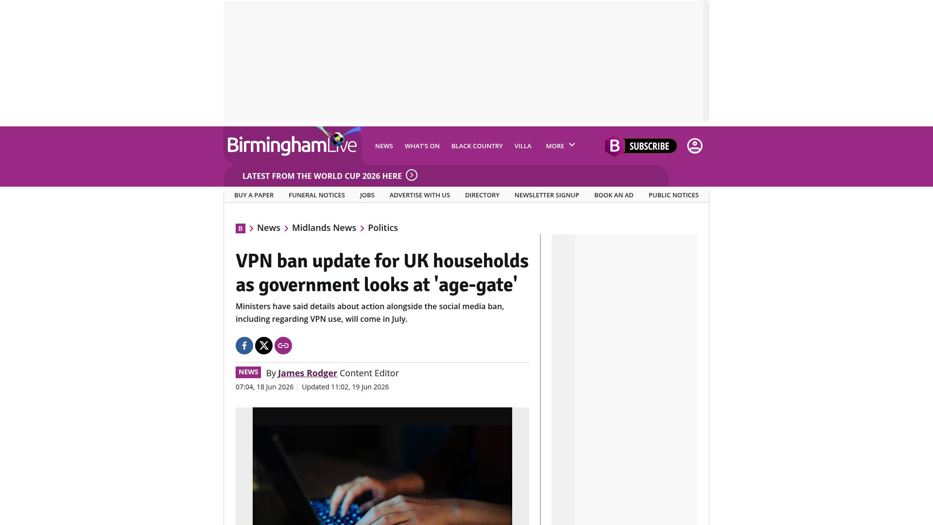 Screenshot of birminghammail.co.uk: VPN ban update for UK households as government looks at 'age-gate'