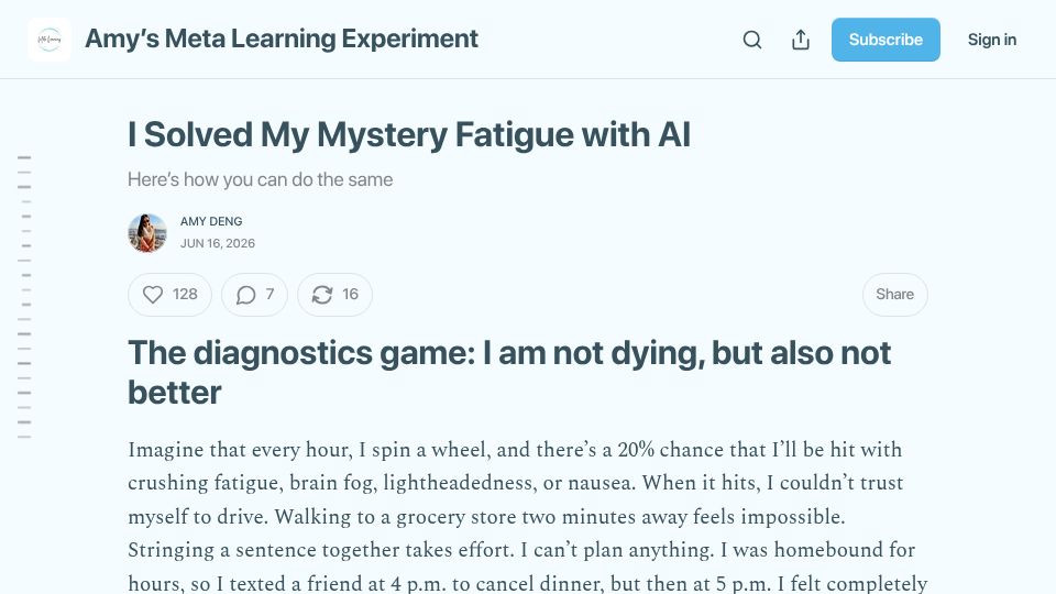 Screenshot of metalearn.substack.com: I solved my mystery fatigue with AI