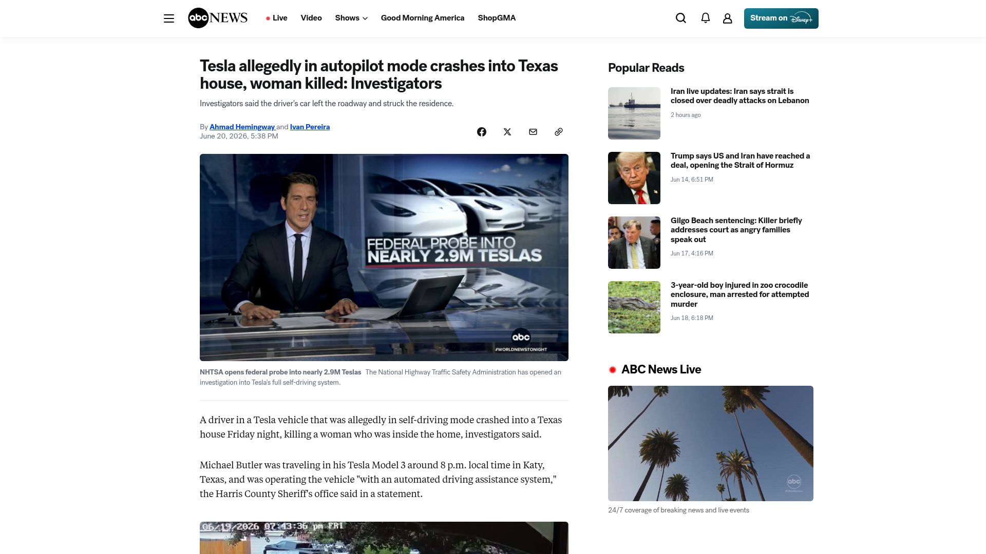 Screenshot of abcnews.com: Tesla allegedly in autopilot mode crashes into Texas house, woman killed