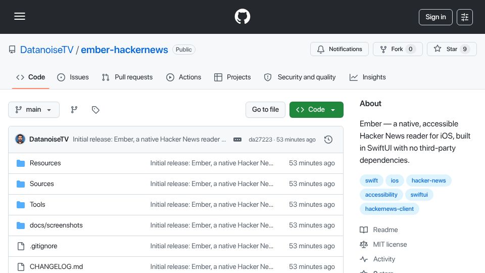 Screenshot of github.com: Show HN: Ember, a native iOS Hacker News reader I built around accessibility