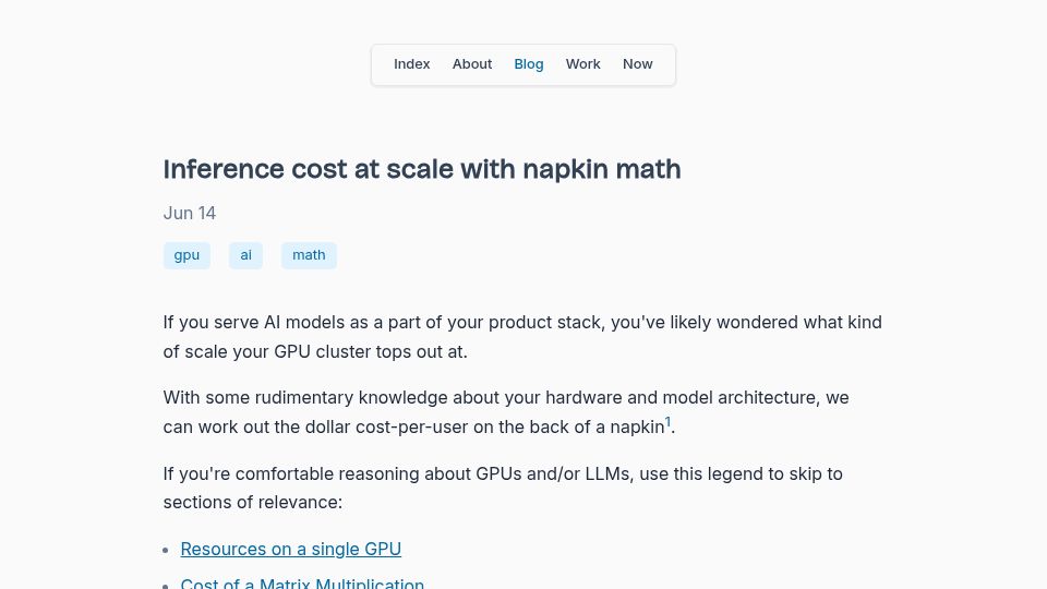 Screenshot of injuly.in: Inference cost at scale with napkin math
