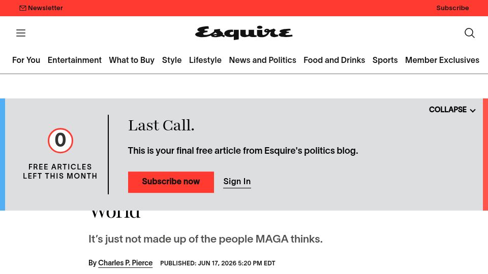 Screenshot of esquire.com: Turns Out, There Is a Cabal of Elite Crazies Trying to Control the World