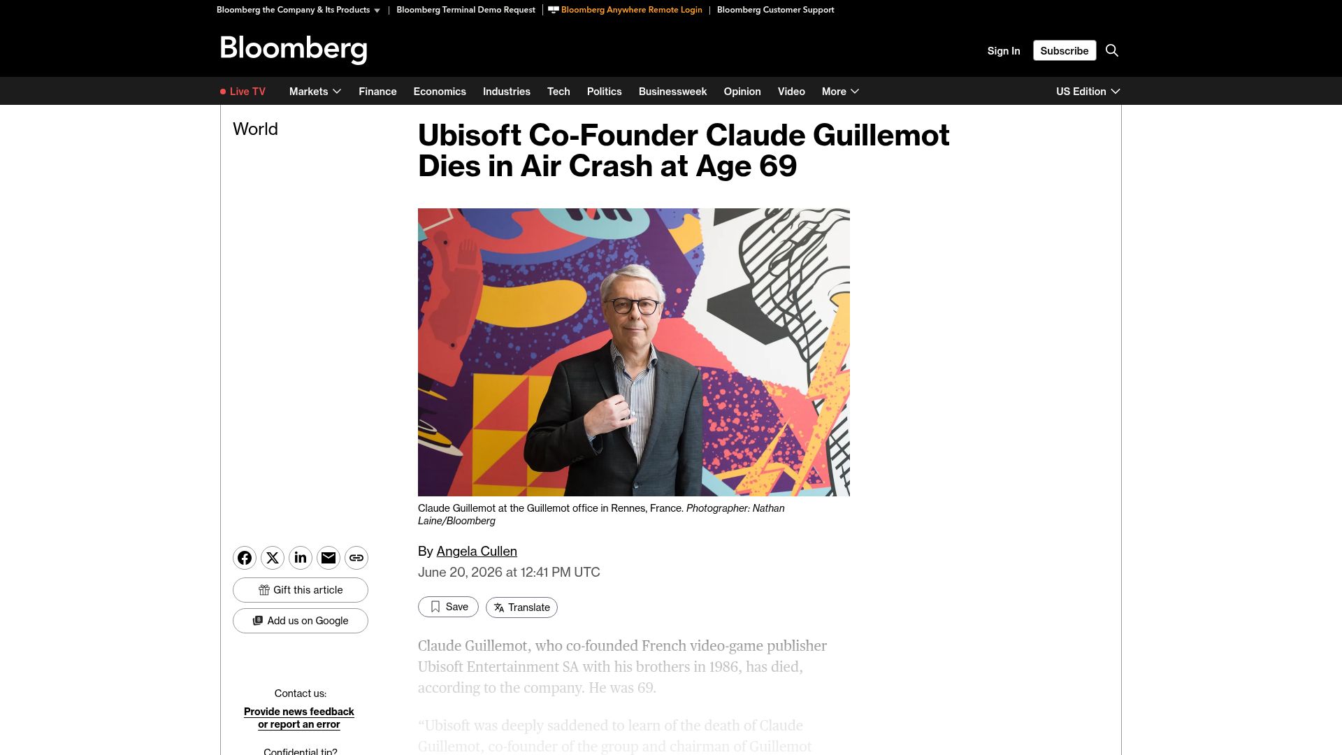 Screenshot of reuters.com: Ubisoft co-founder Claude Guillemot has died in a plane crash