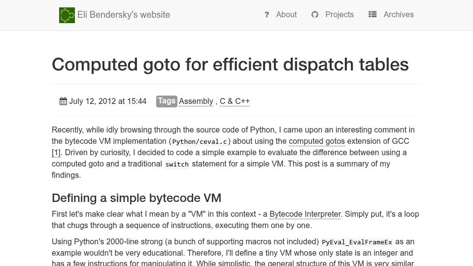 Screenshot of eli.thegreenplace.net: Computed goto for efficient dispatch tables (2012)