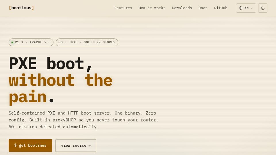 Screenshot of bootimus.com: Bootimus – A Self-Contained PXE and HTTP Boot Server