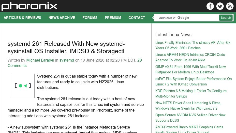 Screenshot of phoronix.com: Systemd 261 released with systemd-sysinstall, IMDSD, and storagectl