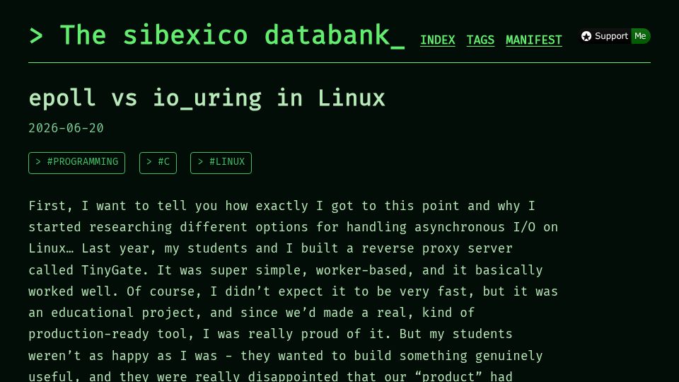 Screenshot of sibexi.co: Epoll vs. io_uring in Linux