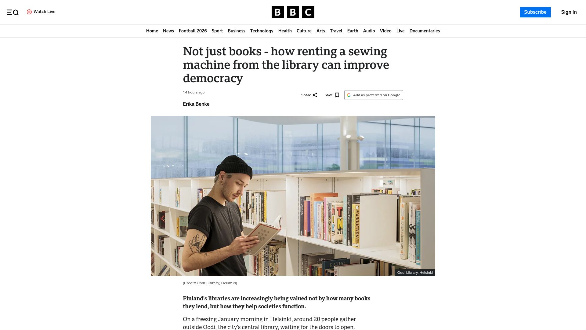 Screenshot of bbc.com: Renting a sewing machine from the library