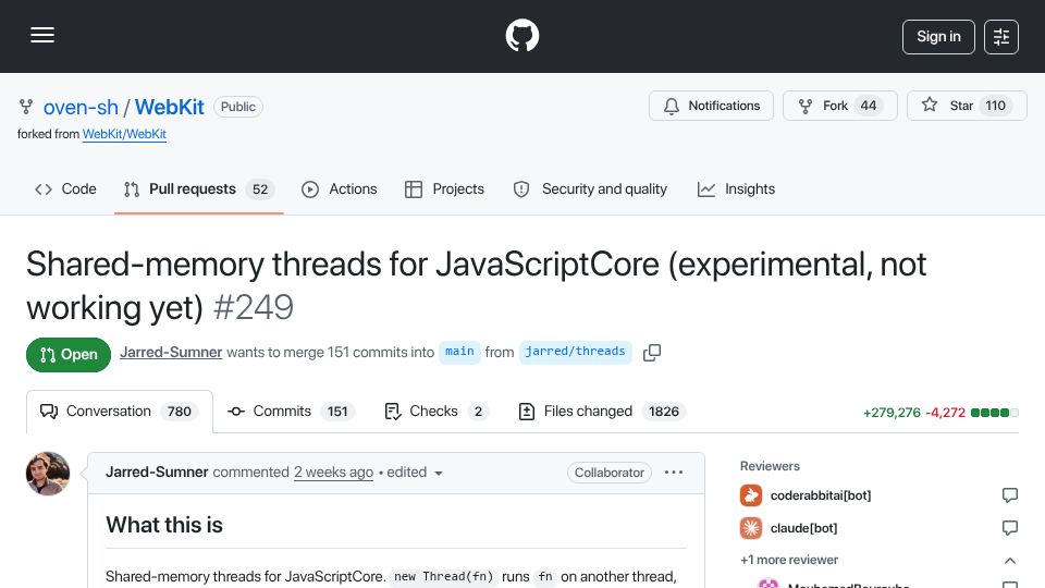 Screenshot of github.com: Bun has an open PR adding shared-memory threads to JavaScriptCore