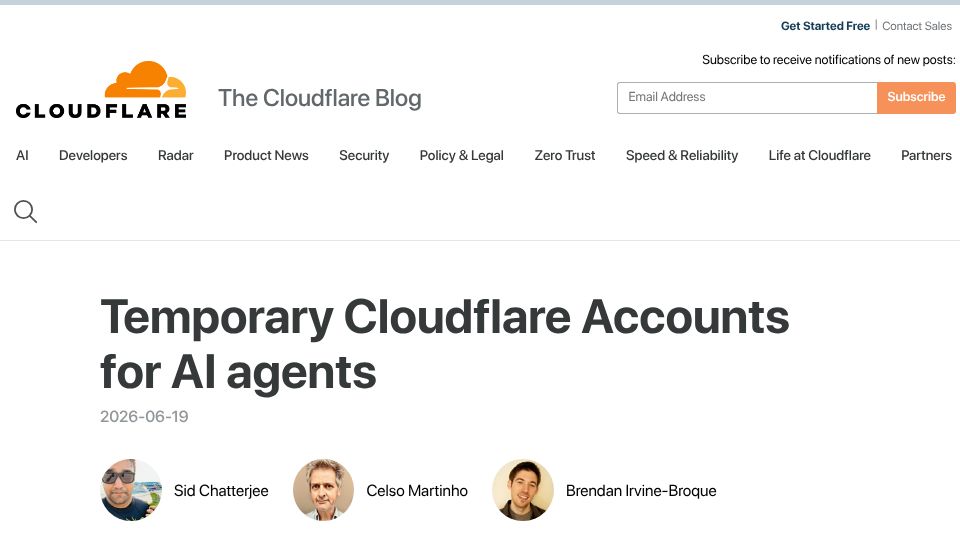 Screenshot of blog.cloudflare.com: Temporary Cloudflare accounts for AI agents