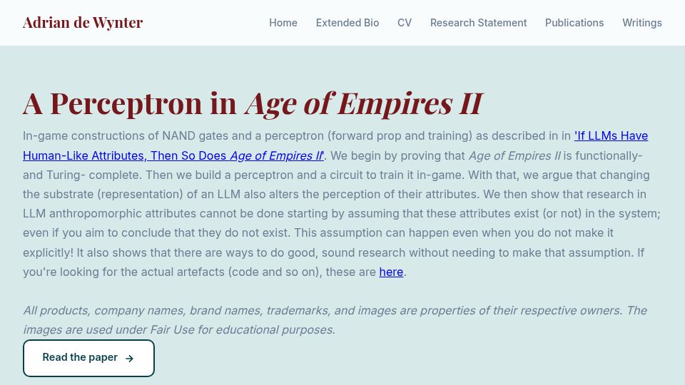 Screenshot of adewynter.github.io: A Perceptron in Age of Empires II