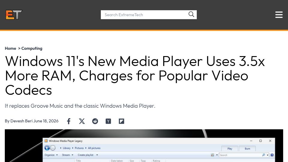 Screenshot of extremetech.com: Windows 11 New Media Player Uses 3.5x More RAM, Charges for Popular Video Codecs