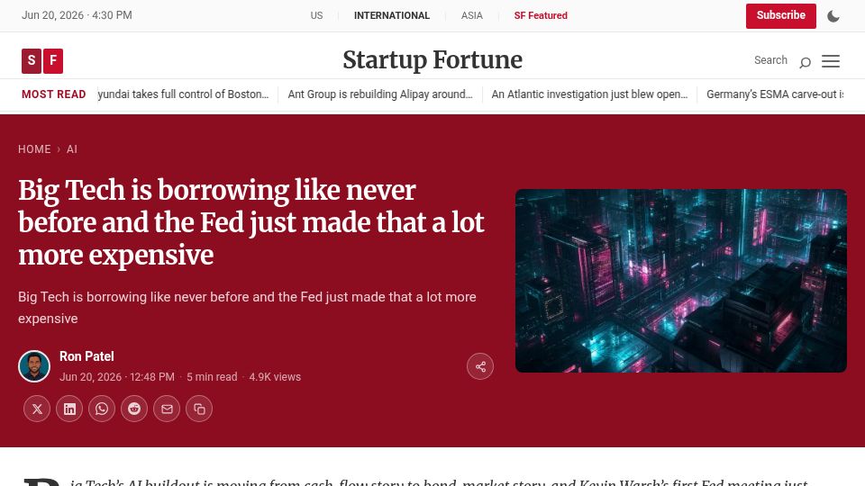 Screenshot of startupfortune.com: Big Tech is borrowing like never before