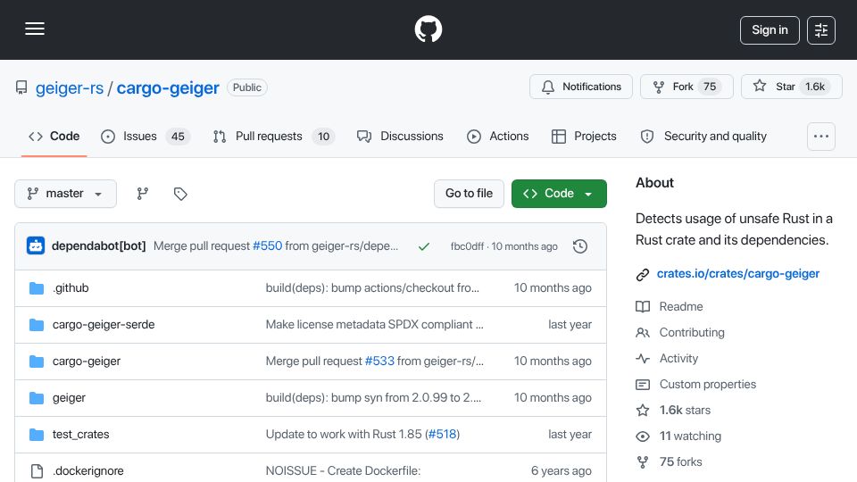 Screenshot of github.com: Cargo-Geiger