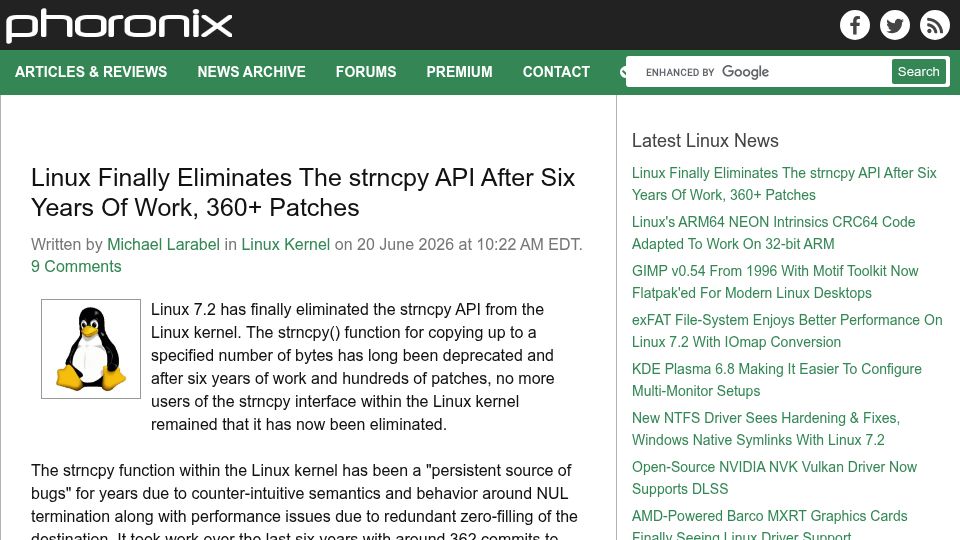Screenshot of phoronix.com: Linux eliminates the strncpy API after six years of work, 360 patches