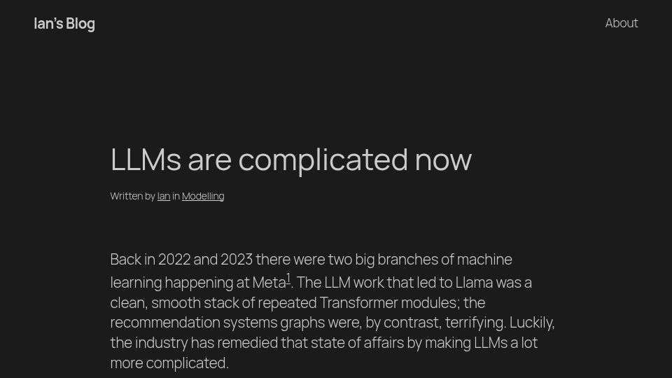 Screenshot of ianbarber.blog: LLMs Are Complicated Now