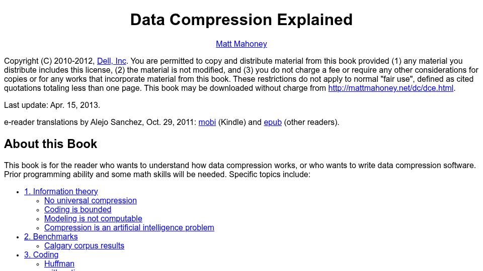 Screenshot of mattmahoney.net: Data Compression Explained (2012)